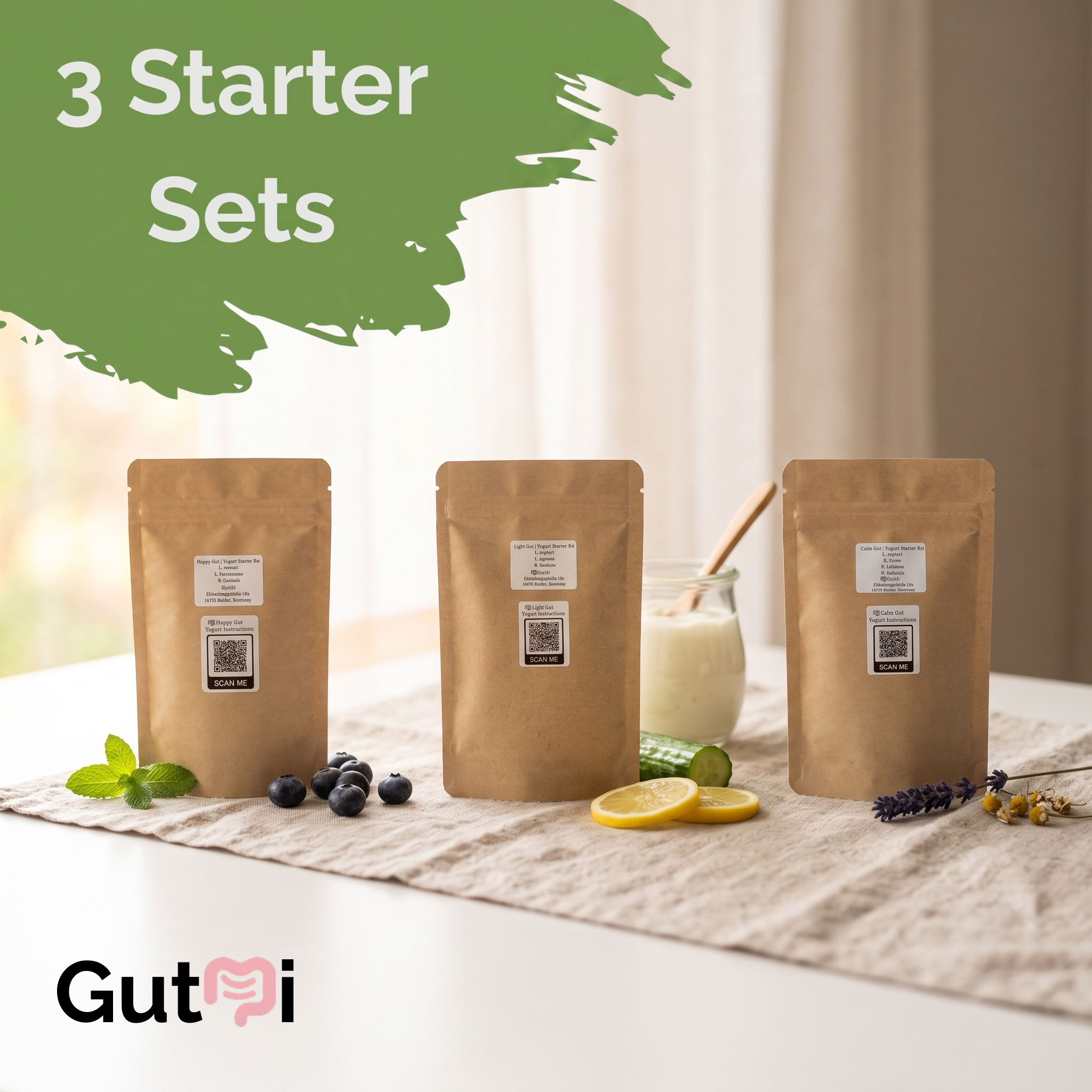 GutMi | L. reuteri + 6 andere stammen (7 in totaal) | Bevat alle verloren gegane soorten | 3 yoghurtstartersets | Starterbundel | Starterculturen | 9 yoghurtstarters